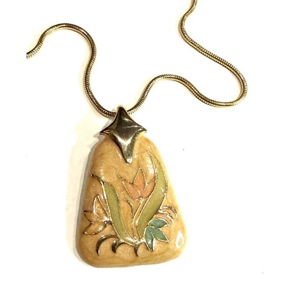 VINTAGE GOLD SNAKE CHAIN TULIP CLOISONNE ENAMEL FLOWER PENDANT 24" NECKLACE EUC - Picture 11 of 11